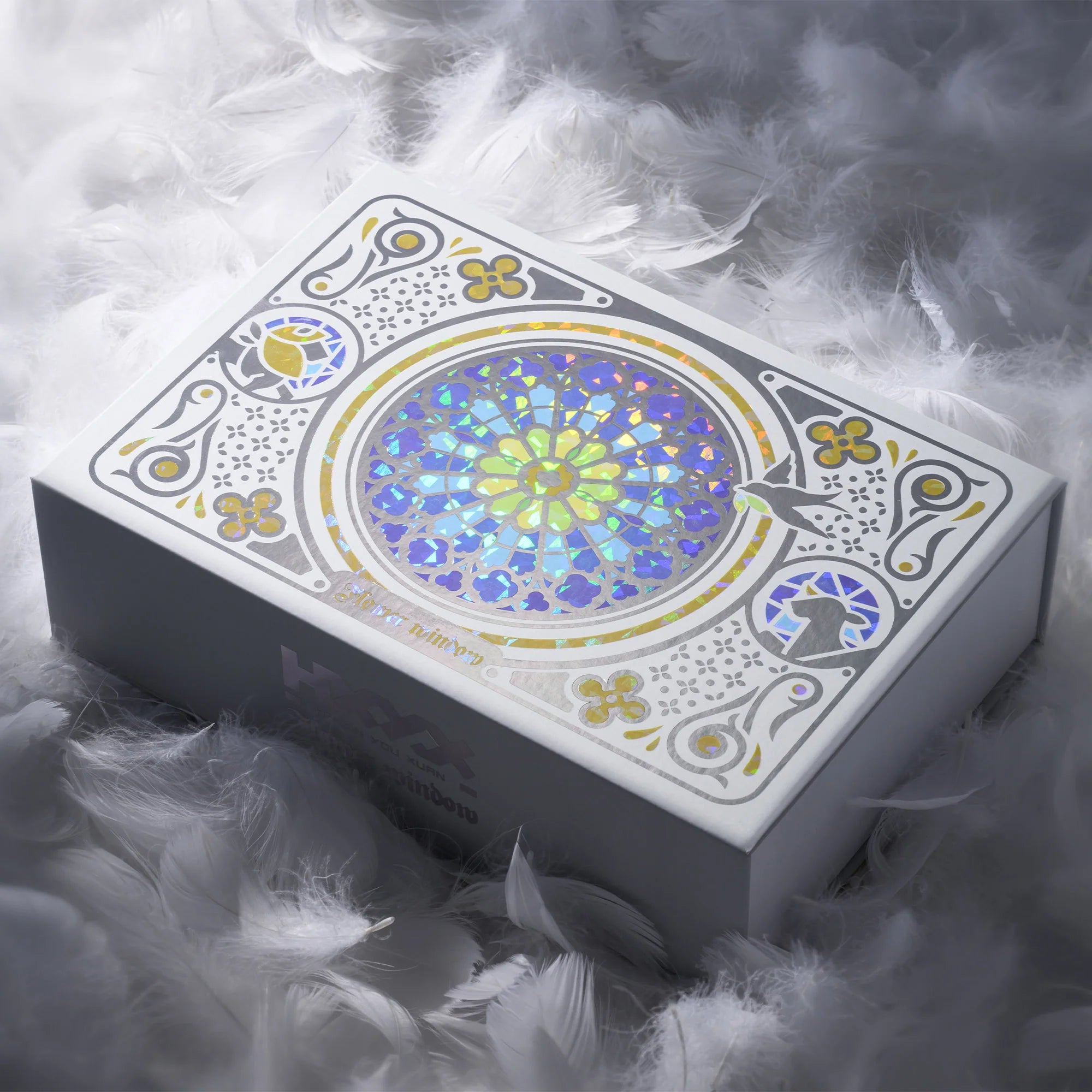 XVX Stained Glass keycap set packaging — luxury collector gift box with holographic rose window artwork