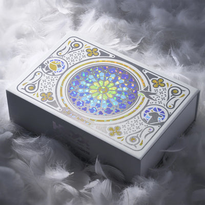 XVX Stained Glass keycap set packaging — luxury collector gift box with holographic rose window artwork