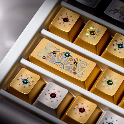 XVX Stained Glass artisan keycap close-up — moissanite gemstone accent with holographic cathedral pattern