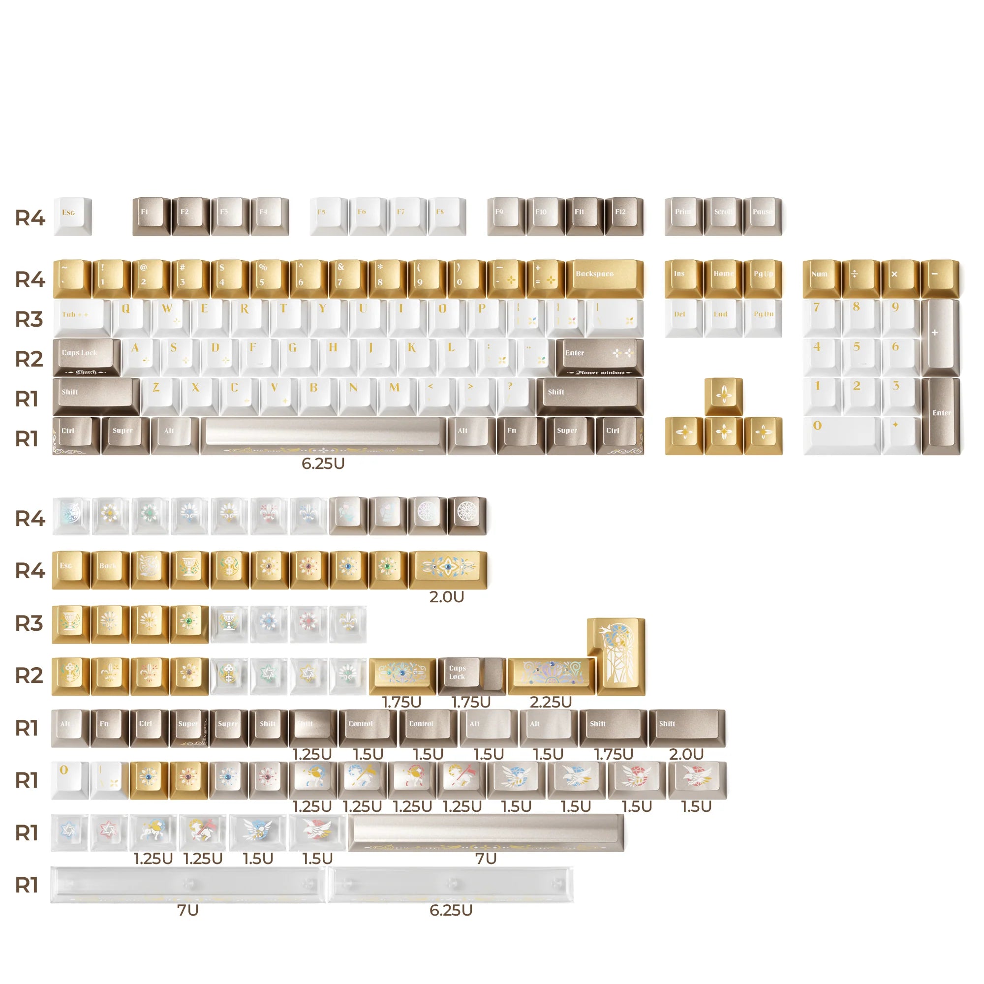 XVX Stained Glass keycap set full 181-key layout — Cherry profile PBT keycaps with gold, pearl, and moissanite accents