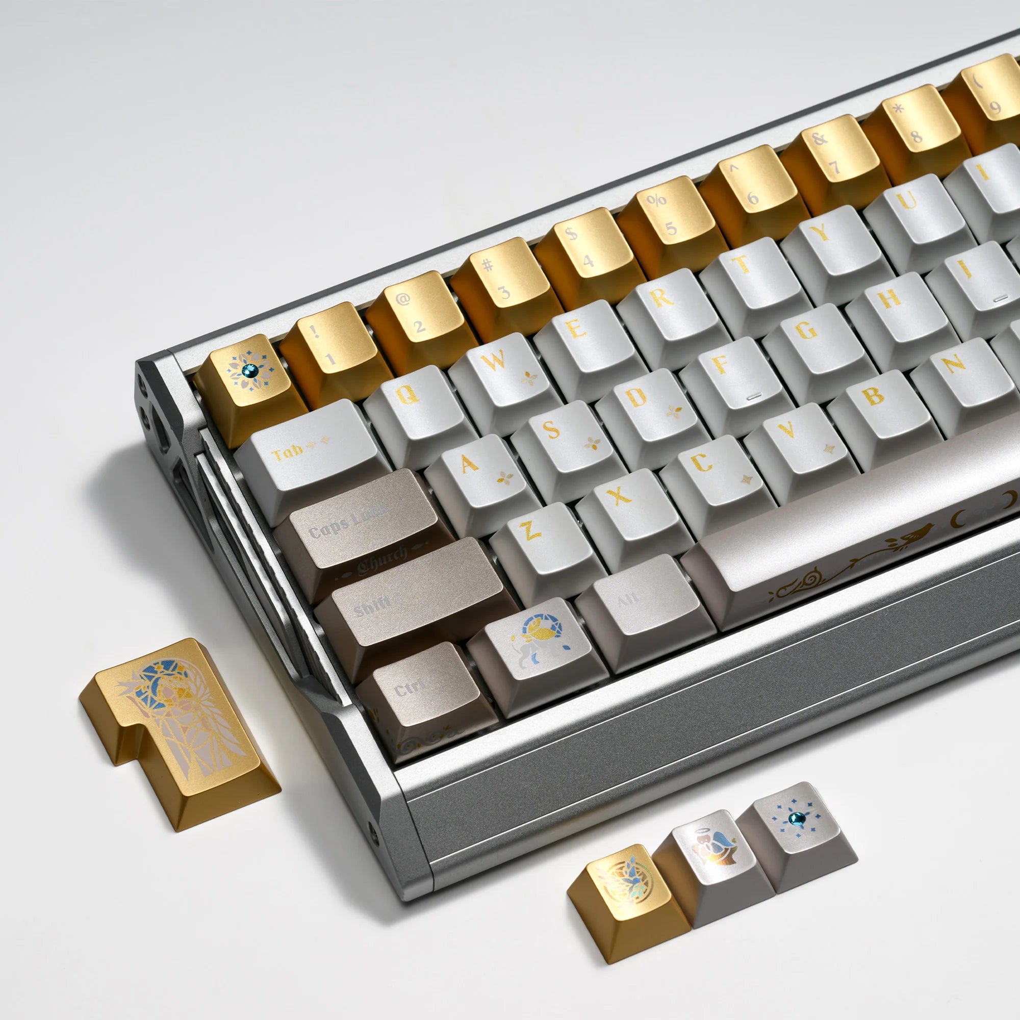 XVX Stained Glass keycaps installed on a mechanical keyboard — hot-stamped gold legends with iridescent detail