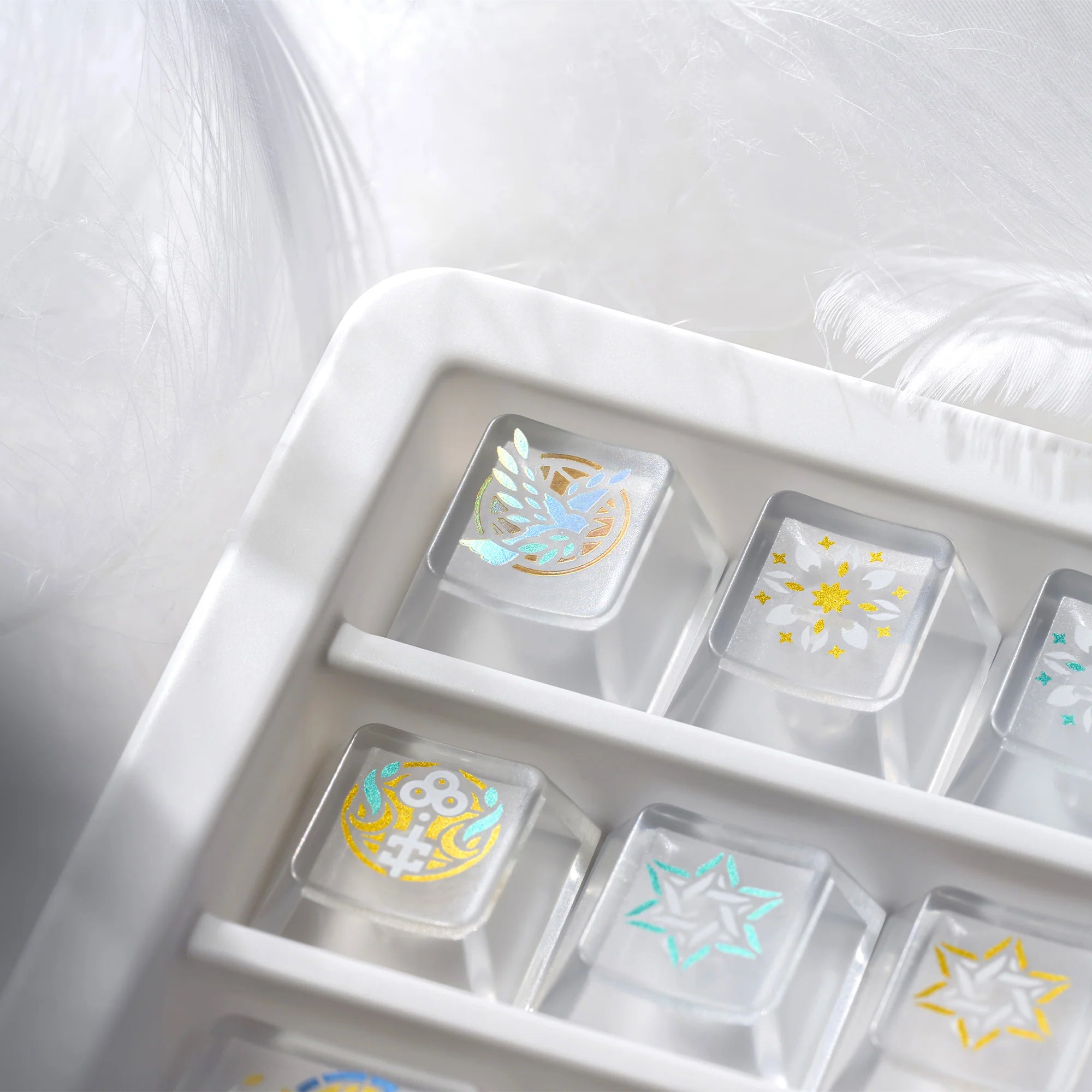 XVX Stained Glass artisan keycap close-up — moissanite gemstone accent with holographic cathedral pattern