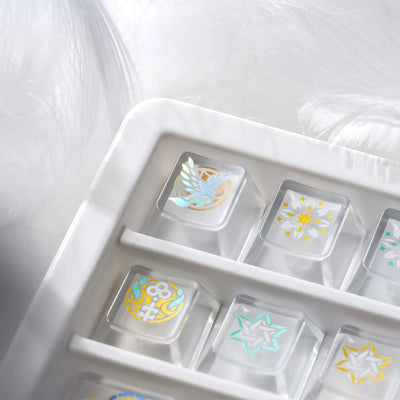 XVX Stained Glass artisan keycap close-up — moissanite gemstone accent with holographic cathedral pattern